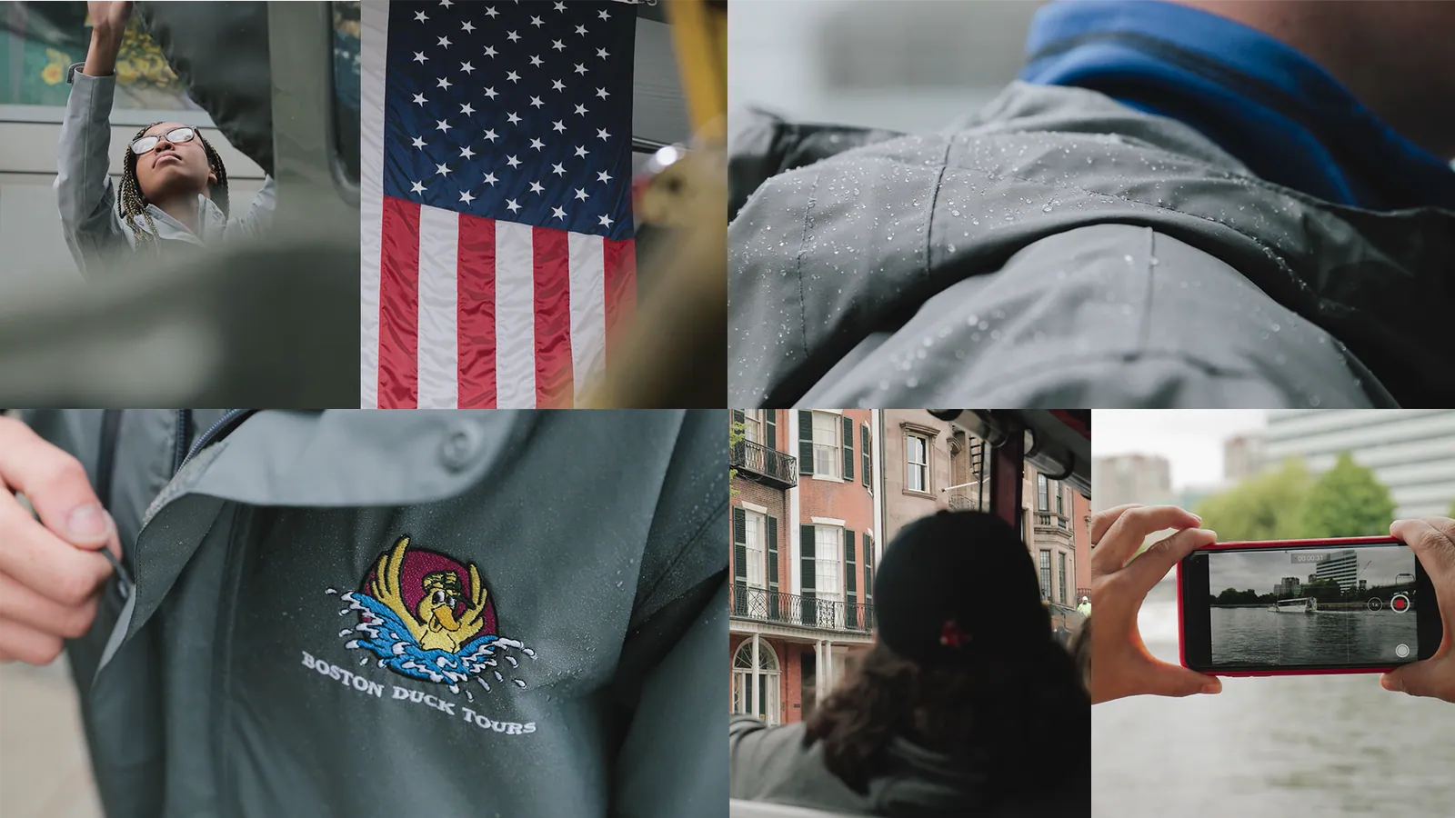 A collage of images featuring an american flag, a woman placing a cover on a boat, a closeup of a rain jacket, a person taking a photo of Boston, and the back of someones head on a boat.