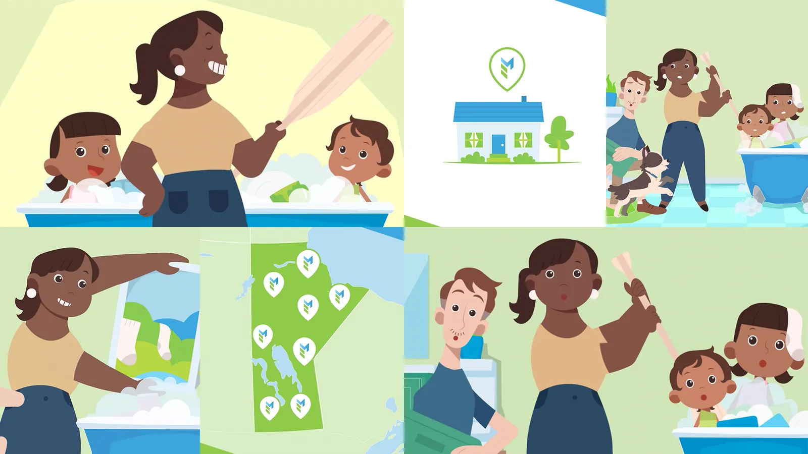 A collage of images of style frames from the Efficiency Manitoba Energizing Manitoba's Sustainable Future videos, featuring a mom stirring her kids in a bathtub with dirty dishes and an oar, a mom pouring laundry into the tub, a house graphic and a graphic of Manitoba.