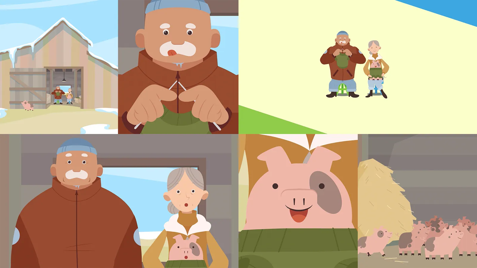 A collage of images showing motion graphic style frames from the Efficiency Manitoba Sustainable Future video featuring a pig, a farm, a elderly man knitting a sweater, and an elderly woman putting a sweater on a pig.