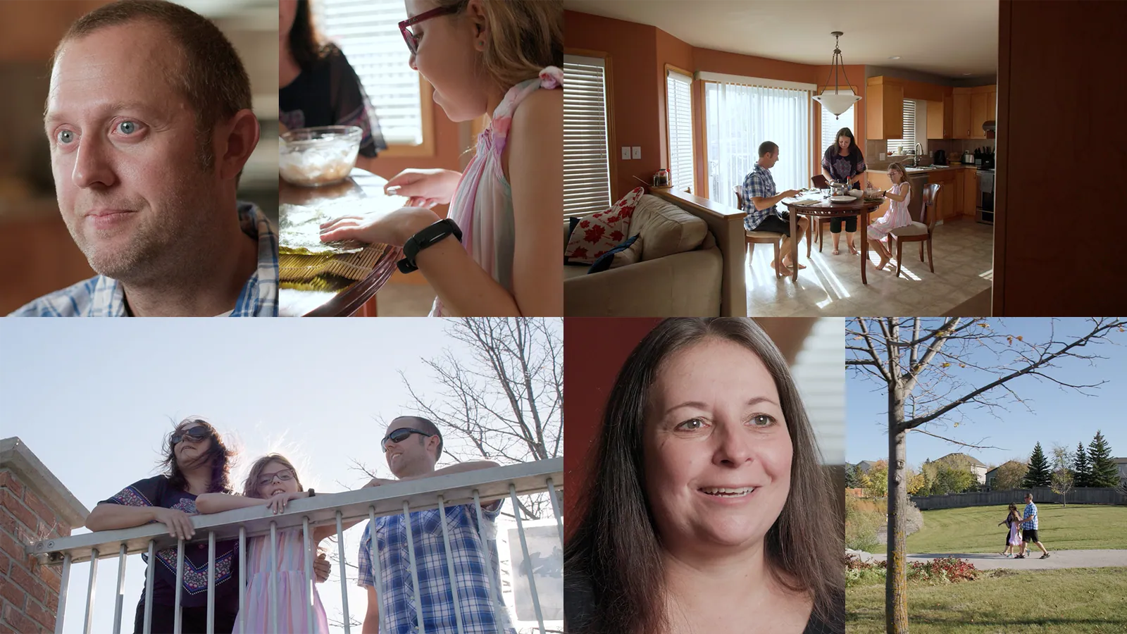 A collage of images showing Keira and her parents walking outside, and making sushi.