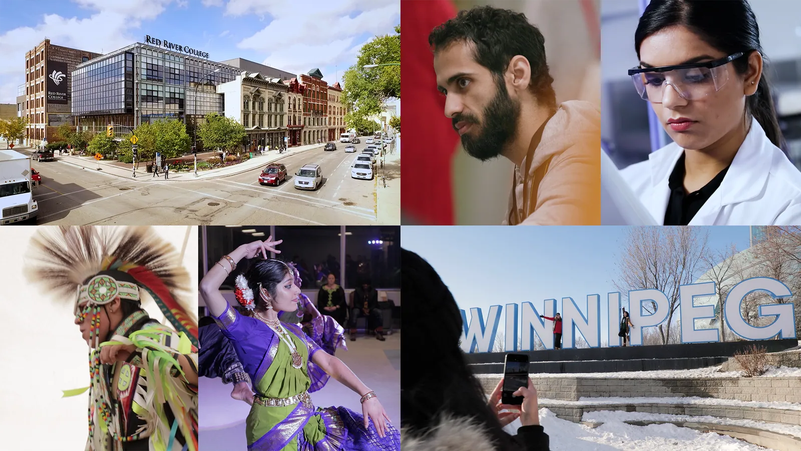 A collage of images showing Red River College, students, the Winnipeg sign in front of the Canadian Human Rights Museum and Indian and Indigenous cultural performances.