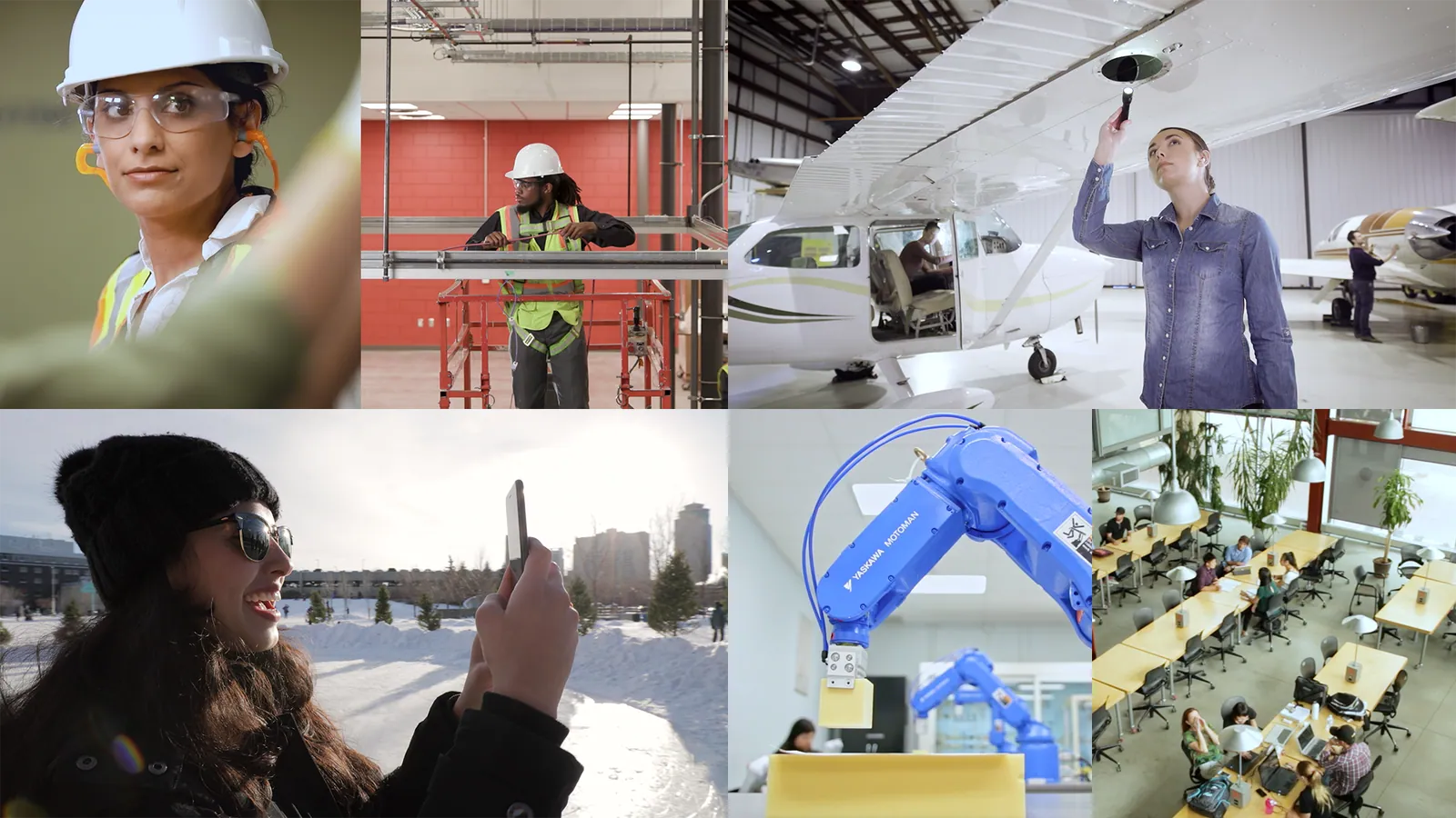 A collage of images showing Red River College students, working and exploring Winnipeg.